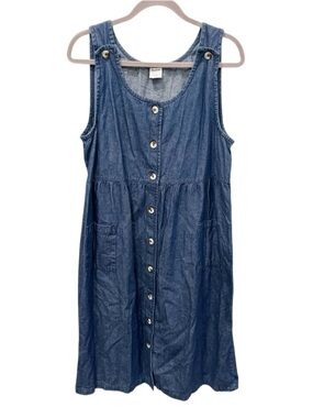 Vintage Denim Jumper Dress Size Medium Petite Button Front Midi Coastal Grandma
